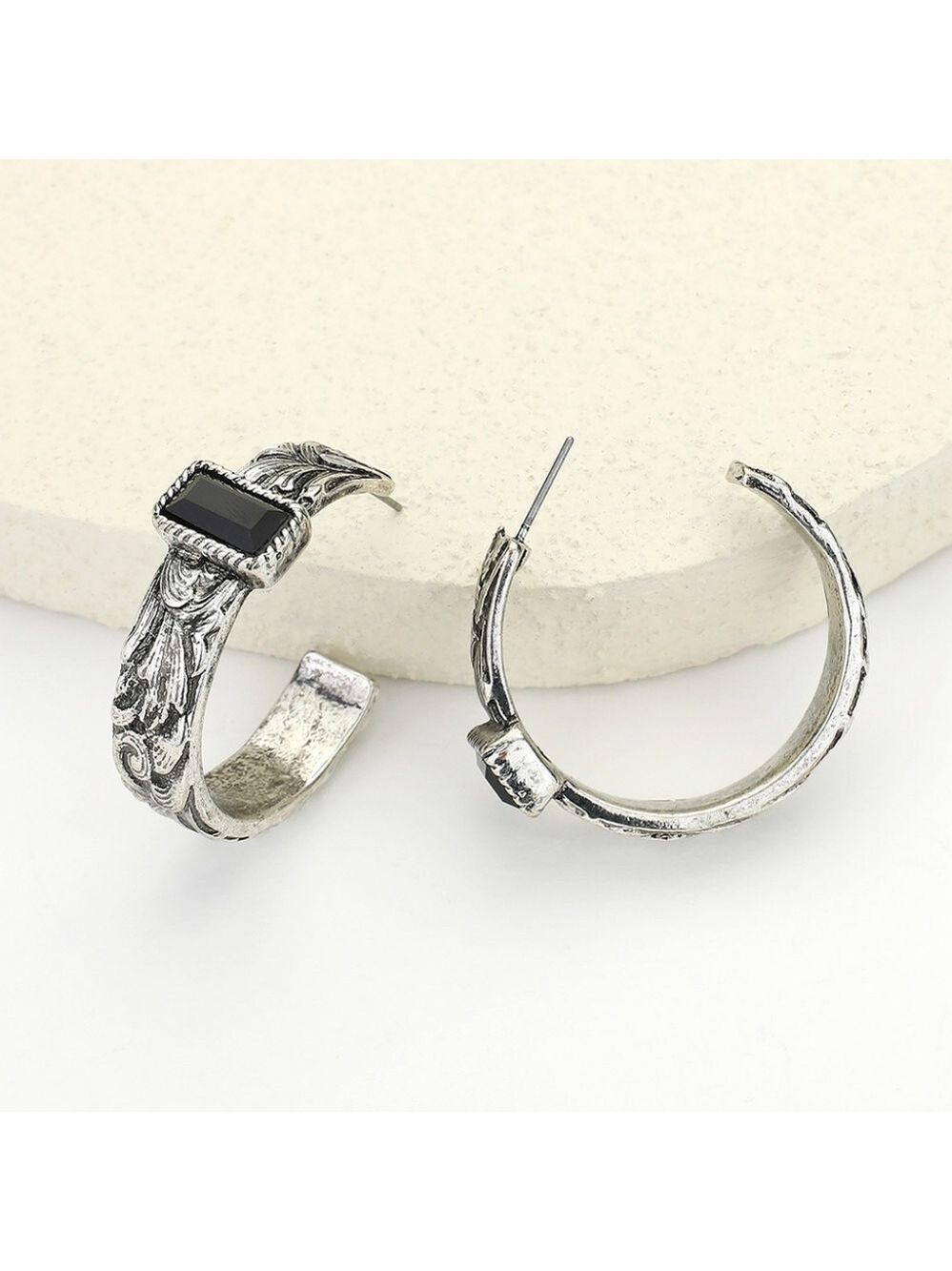 NEW Black Stone Antique Silver Metal Western Open Hoop Earrings
